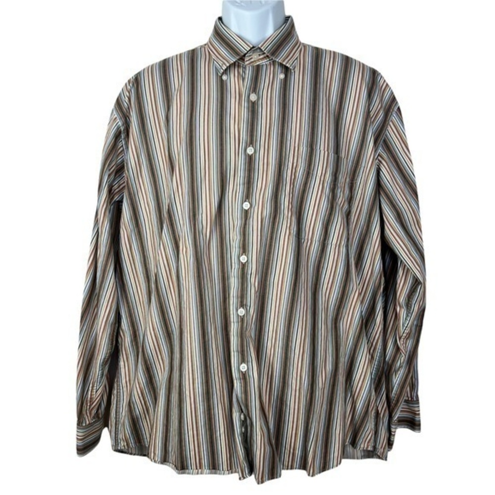 Alan Flusser Men’s Shirt Buttons Down Striped Brown Sz XL